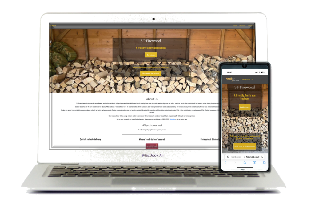 computer and phone showing sp firewood website