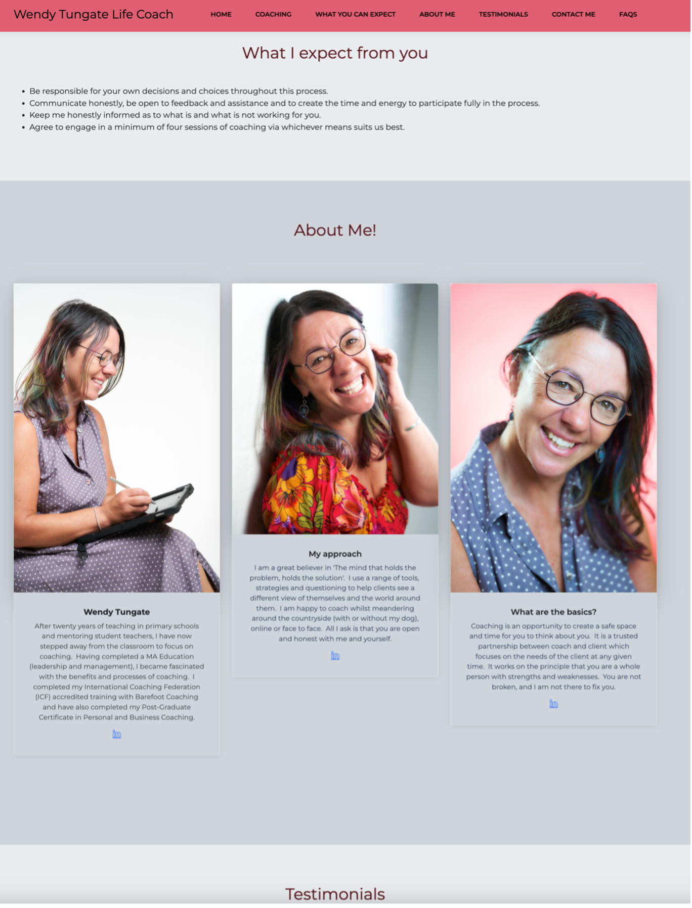Life Coaching website page showing information about life coach